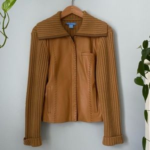 White + Warren Tan Leather Wool Zip Jacket